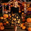 Women Crew Neck Halloween Print Dress Long Sleeve Casual Style and Patterned Midi Dress with Ribbon Waist Tie