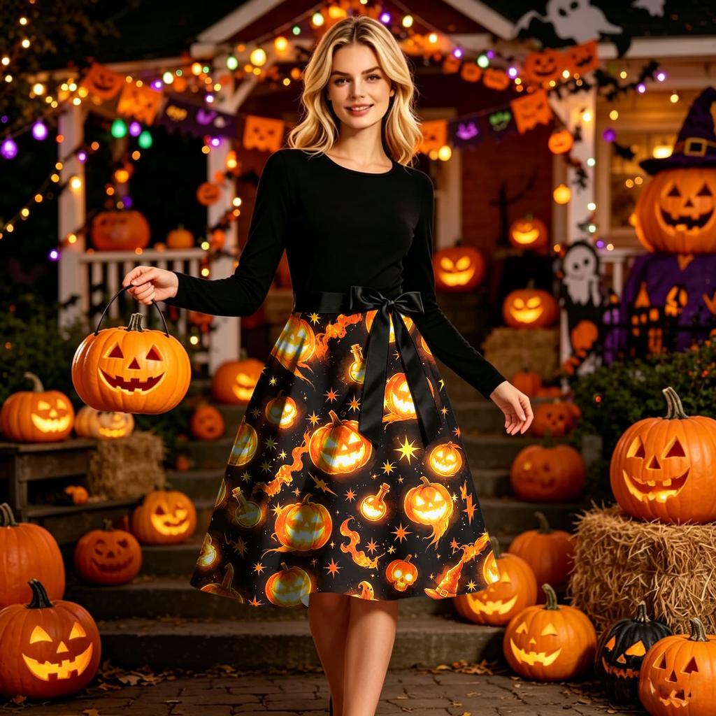 Women Crew Neck Halloween Print Dress Long Sleeve Casual Style and Patterned Midi Dress with Ribbon Waist Tie