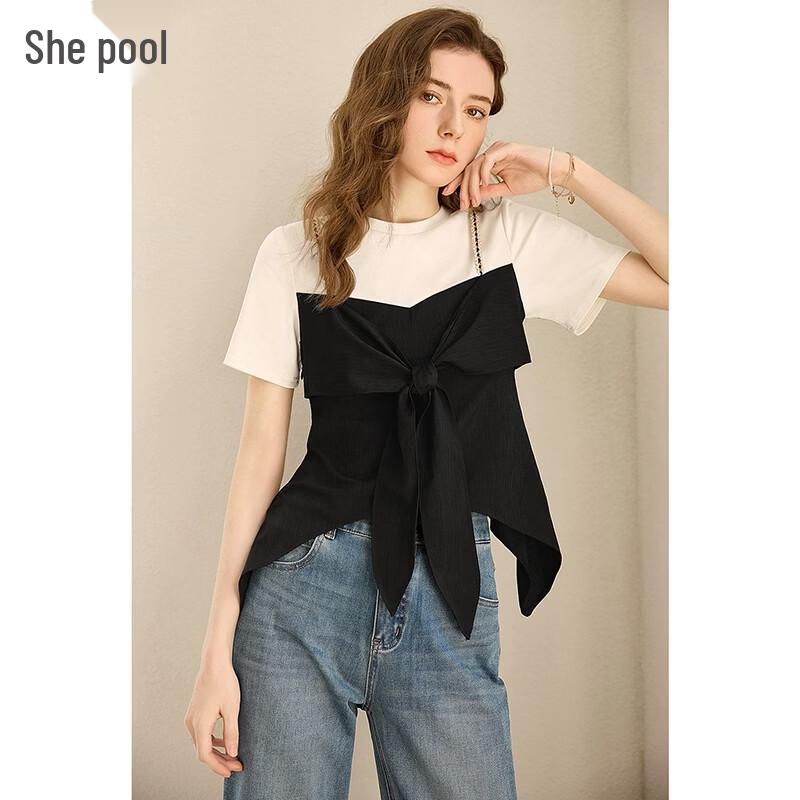 Women s French Style Faux Two-Piece Color Block Short Sleeve T-Shirt L