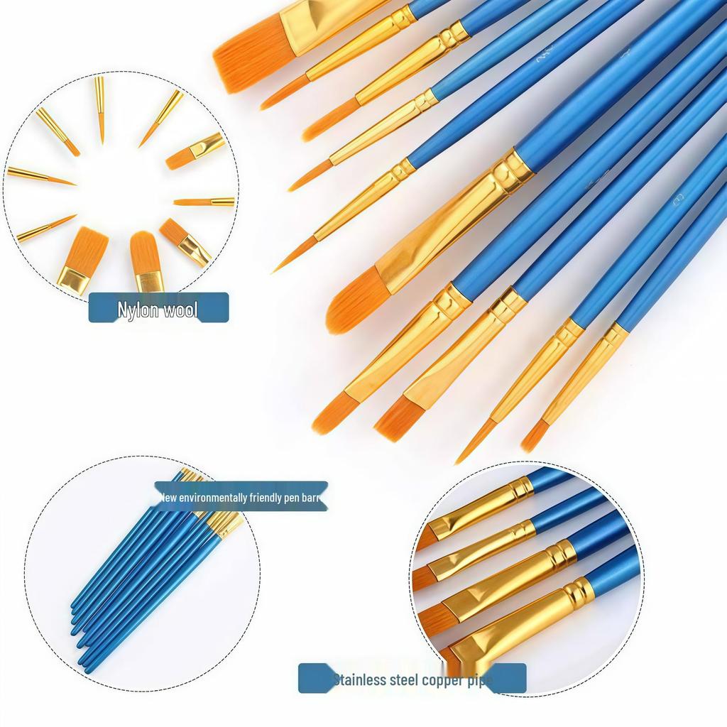 Children's Paintbrush Set: 10-Piece Long Handle Nylon Brushes for Oil, Acrylic, and Watercolor Painting.