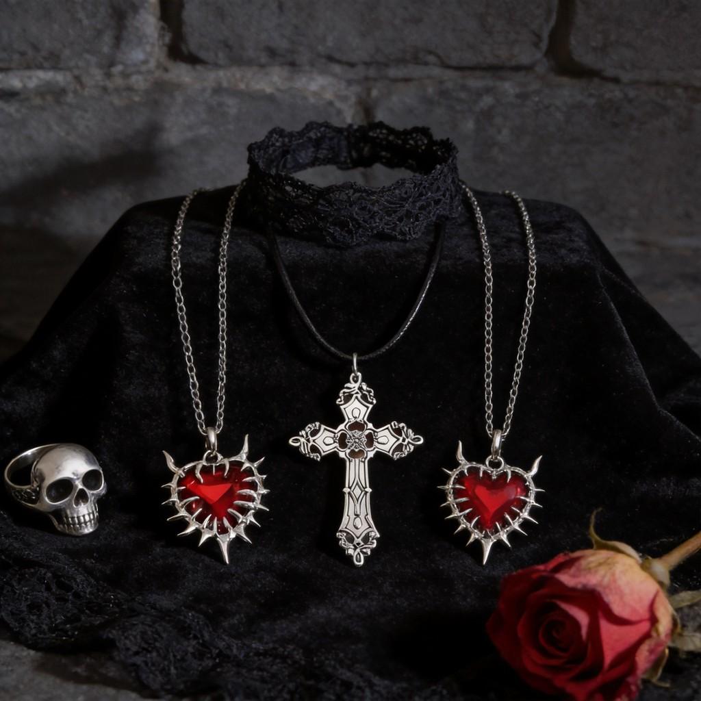 Gothic Heart Cross Pendant Necklace With Alloy Chain For Fashion Accessories