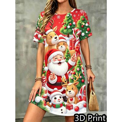 Mode Niedlich Weihnachtsmann Rentier Druck Damenkleid Lässig Neu Weihnachtsfeier Kleid Kurzarm O-Ausschnitt Locker Mini-Kleid