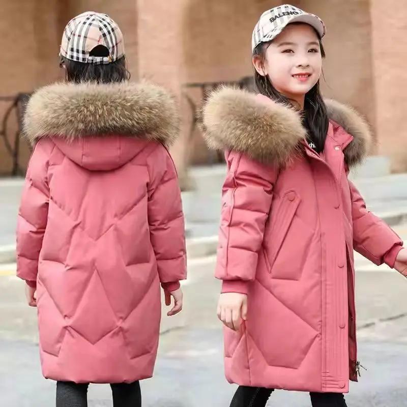 5-14 Years Teenagers Girls Winter Jacket Big Fur Collar Long Style Cold Proof Hooded Coat For Kids Thick Keep Warm Clothes
