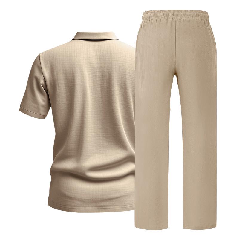 European Men's Casual Linen Short-Sleeve Shirt & Long Pants Set - Breathable Cotton Blend Two-Piece