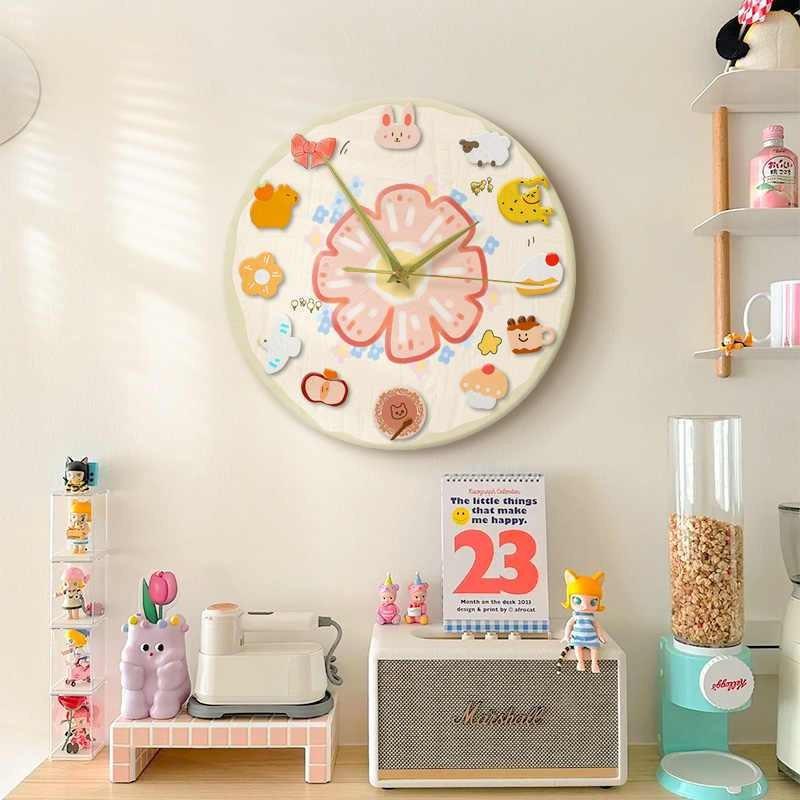 Dopamine Clock Living Room Clock Cartoon Living Room Hanging Watch Decorative Painting Round Cream Style Silent Clock Bedroom Table