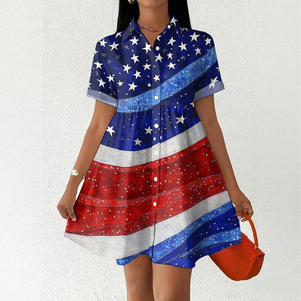 Women's Casual Loose Fit Shirt Dress Button Front Short Sleeve Collar Dress Independence Day Print Summer Dress