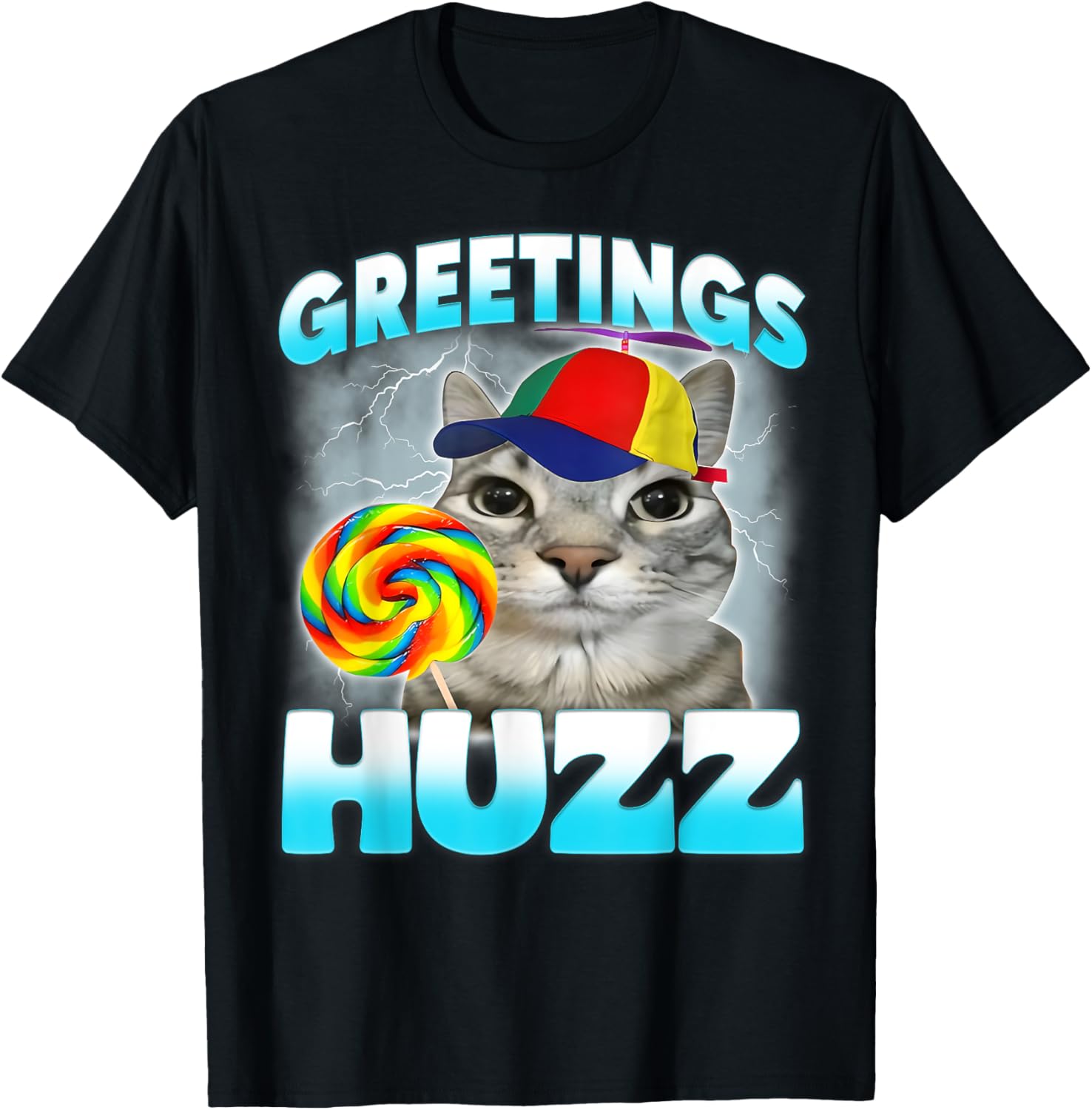 Greetings Huzz Cat Meme with Lollipop Rainbow Propeller Hat Graphic Tee Men Casual Daily S