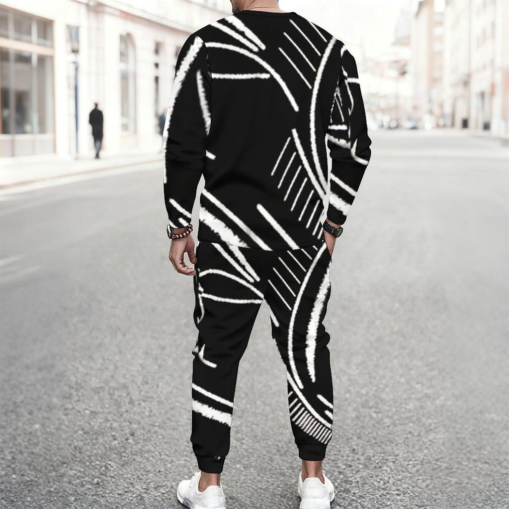Men Navy Blue White Water Drop Floral Decor Print Long Sleeve Sweatshirt Jogger Pants Two Piece Suit