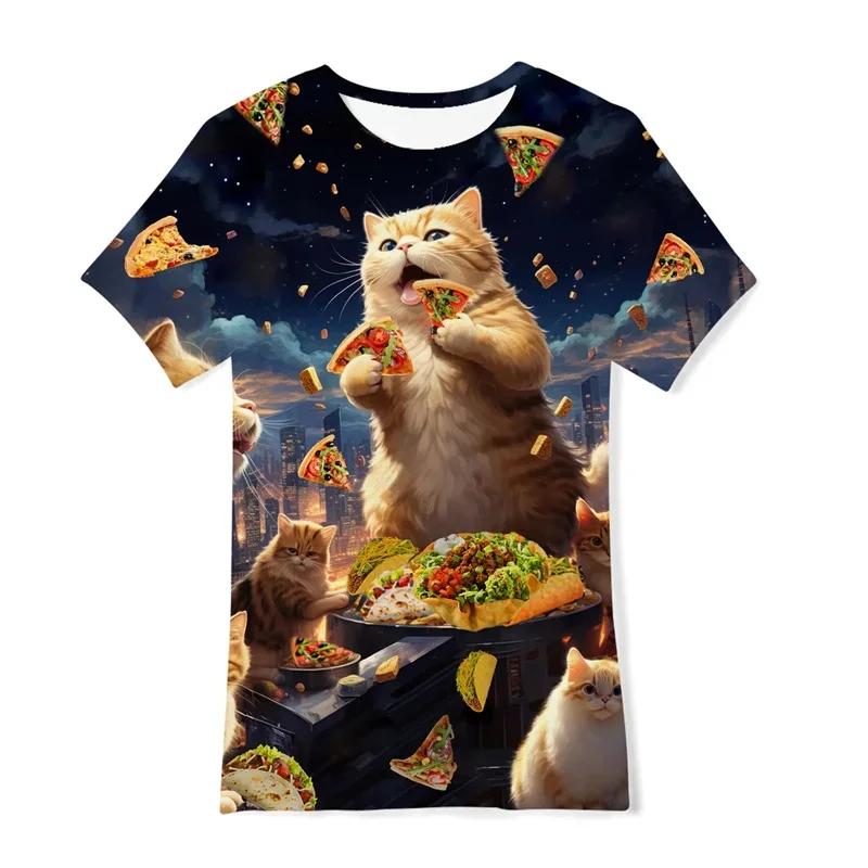 Summer Men Galaxy Cat Graphic Short Sleeve 3D Print Funny Cats T Shirt Personality Fashion Casual Harajuku Street Round Neck Tee