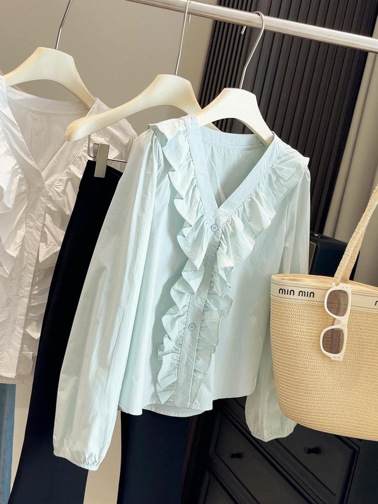 Women's Spring 2026 Ruffle V-Neck Shirt - Fashionable Age-Reducing Slimming Long Sleeve Top