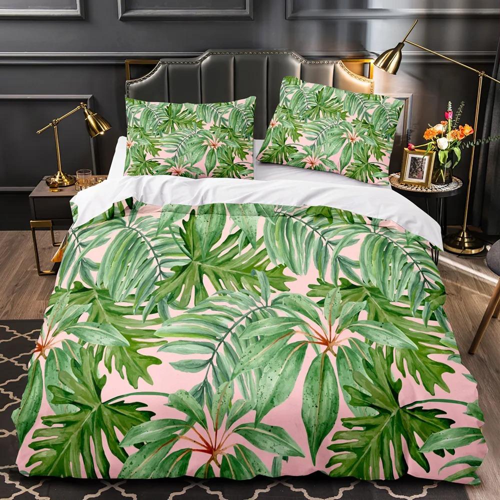 Tropical Plants Floral King Queen Duvet Cover Green Palm Leaves Bedding Set Cream-Colored Flowers 2-3Pcs Polyester Quilt Cover