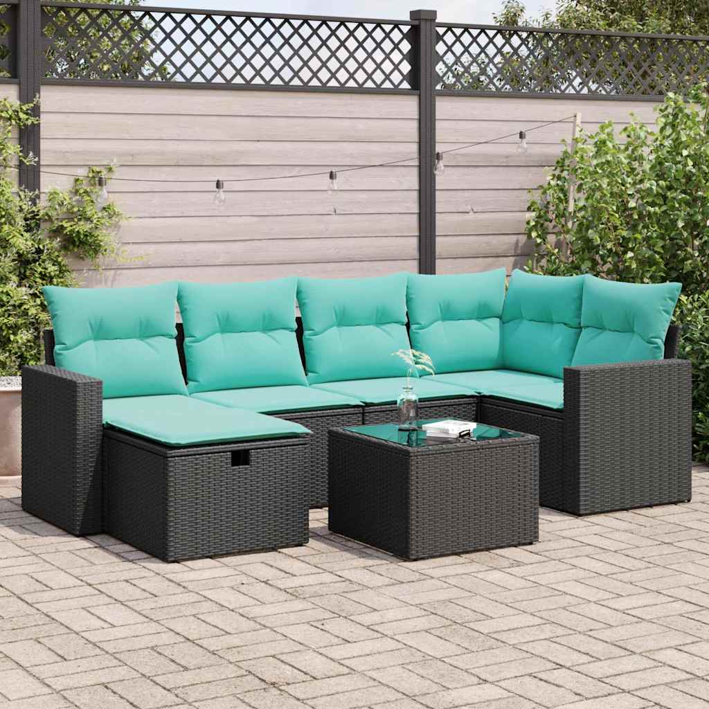 vidaXL 7 Piece Garden Sofa Set with Cushions Black Poly Rattan