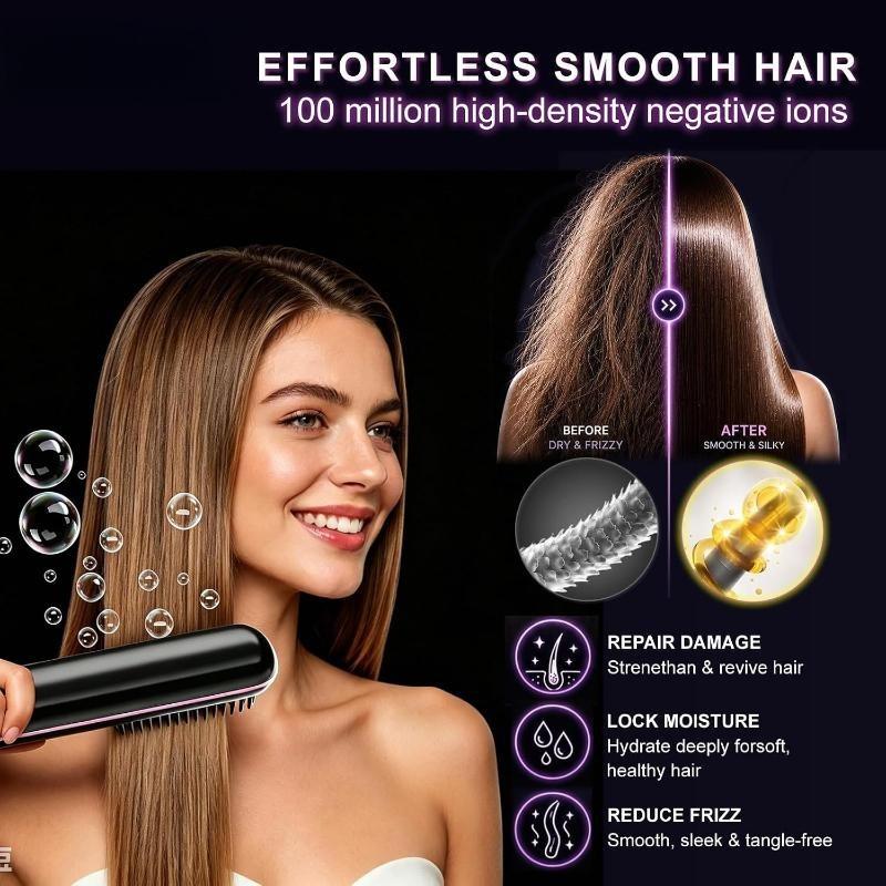 Wireless 2-in-1 Straightening Curling Comb Anti-Scald LED Display USB Rechargeable Portable for Home Travel All Hair Types