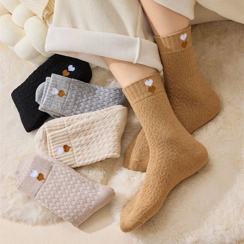 Winter Warm Socks for Women Korean Love Heart Embroidery Mid-Calf Sock Solid Color Ladies Terry Socks