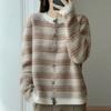 Autumn And Winter Round Neck Mercerized Wool Knitted Cardigan Women'S Round Neck Multi-Color Grooved Edge Loose Contrasting Versatile Coat Top