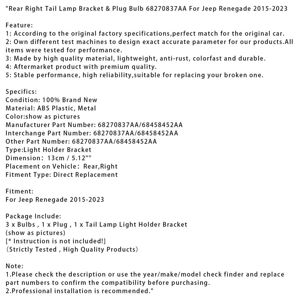 Zadní pravý držák zadního světla a zástrčka žárovky 68270837AA pro Jeep Renegade 15-23