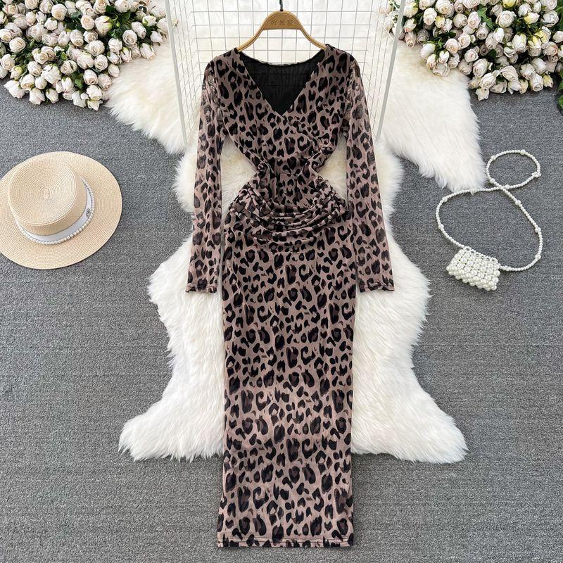 

Ladies Long Sleeves V-neck Leopard Print Print Dress Mesh Brown leopard print M