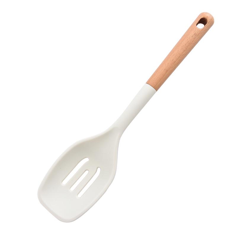 Heat-Resistant Silicone Kitchenware Set: Spatula, Soup Ladle, Slotted Spoon, Rice Spoon, Frying Pan Scraper, Oil Brush, and Flour Grabber.