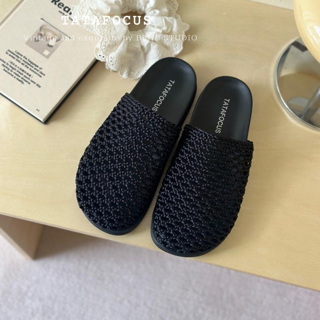 2025 new leather hand-woven retro bag head slippers wear thick bottom hollow one pedal lazy sandals woman