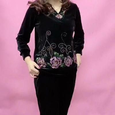 Traje de pantalón de 2 piezas Otoño Mujer Pedrería Talla grande Blusa de terciopelo Pantalones harem de terciopelo de cintura alta Conjunto de dos piezas