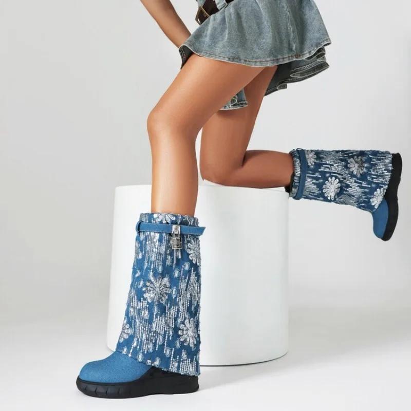 Scarpe da Donna di Marca Designer Tacchi Alti 2024 Nuovi Stivali da Donna a Metà Polpaccio con Punta Rotonda Stivali Sexy Pogen da Donna sopra il Ginocchio Botas De Mujer