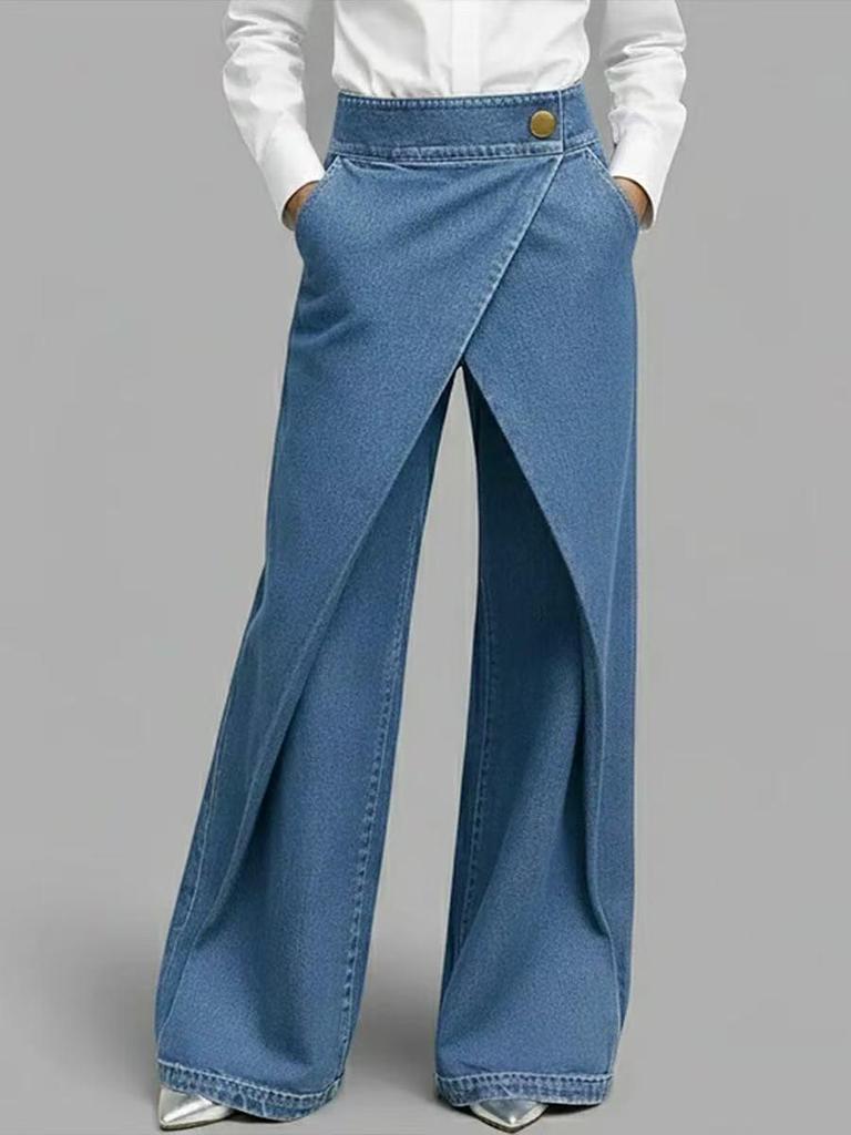 2026 Cross-Border Flare Faux Denim Printed Button Straight-Leg Pants