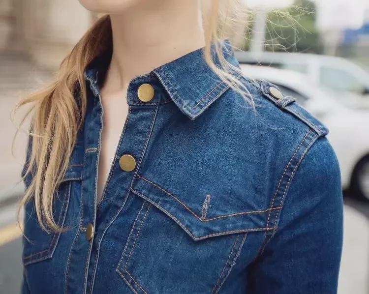 2017 Autumn European & American Slim Fit Lapel Mid-Length Denim Dress