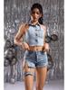 European & American Style High-Waisted Ripped Chain Skinny Jeans/Shorts for Women.