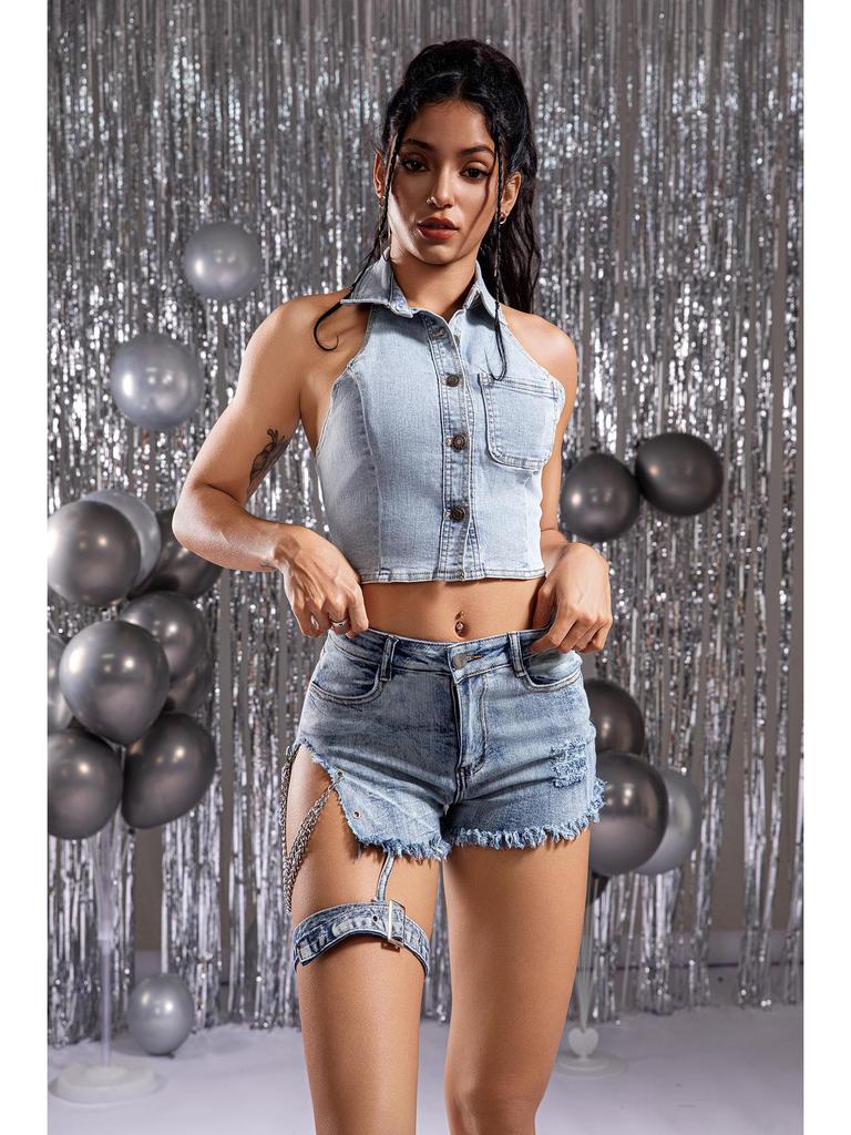 European & American Style High-Waisted Ripped Chain Skinny Jeans/Shorts for Women.