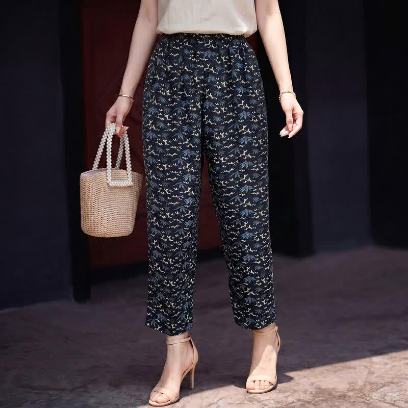 Women's Floral Silk Blend High-Waisted Wide-Leg Pants