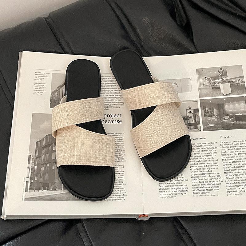 

Stylish, simple and versatile linen square head open-toed flat-bottomed slippers for women s summer outdoor wear home beach cool slippers 40 бежевый