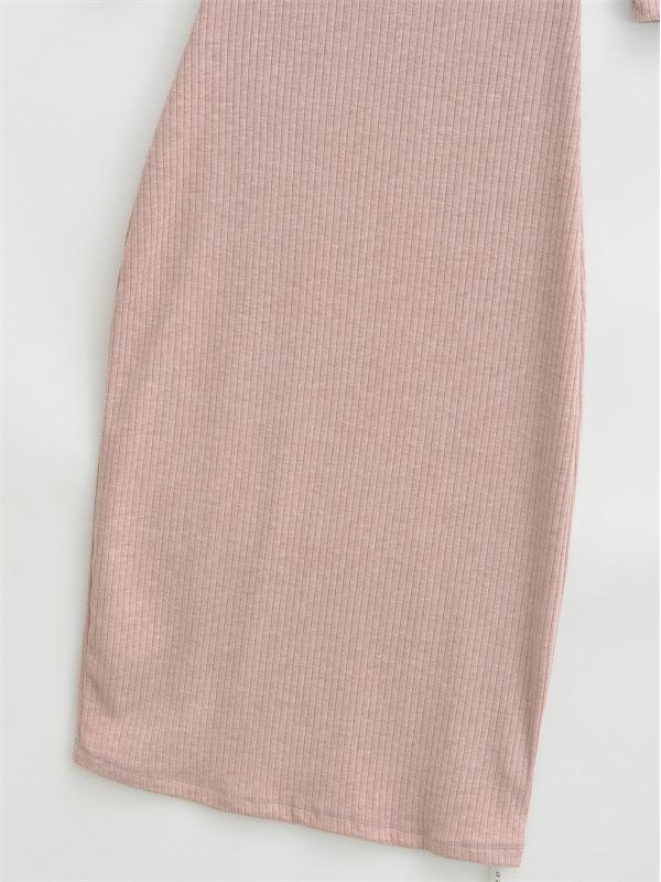 Women's Elegant Ribbed Knit Bodycon Dress - Pink, Long Sleeve, Mid-Length, Summer Style