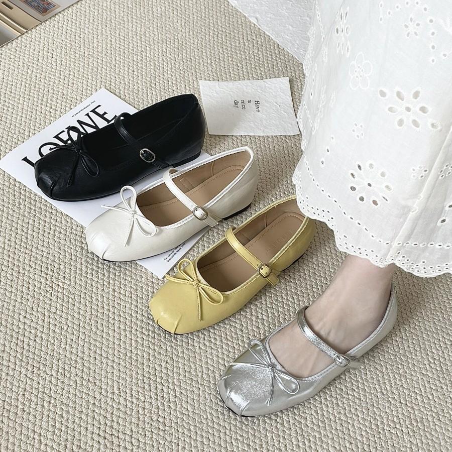 Bow Silver Mary Jane Single Shoes Women's 2025 Summer New French Flat Bottom Round Head Light Mouth One-word Ballet Shoes