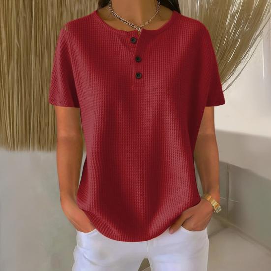 Dámské topy Kulatý výstřih Knoflíky Poloviční léga Krátké rukávy Ležérní topy Jednobarevné Volný střih Vaflová textura Letní tričko