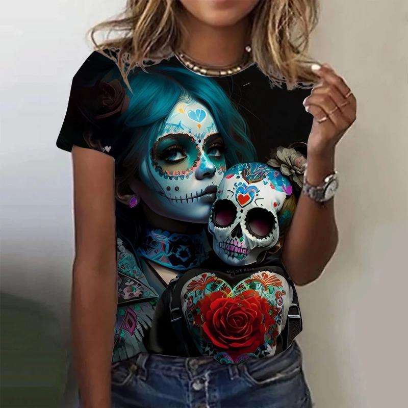 Damen T-Shirt für Mädchen Sommer Kurzarm Lässig Mode Sexy Mädchen Kleidung Horror Untote Schädel Muster Übergroße T-Shirts