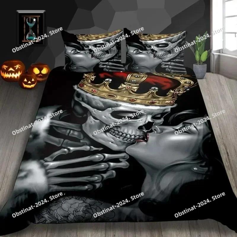 New Skull Duvet Cover Set Abstract Texture with Skull and Crossbones Pattern Aged Rusty Grunge Style Polyester Bedding Set