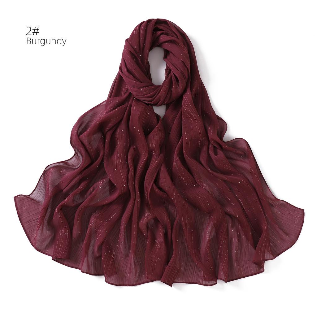 New Solid Color Silver Sequin Rhinestone Chiffon Scarf Fine Pleated Breathable Women's Turban Wrap Malay Shawl