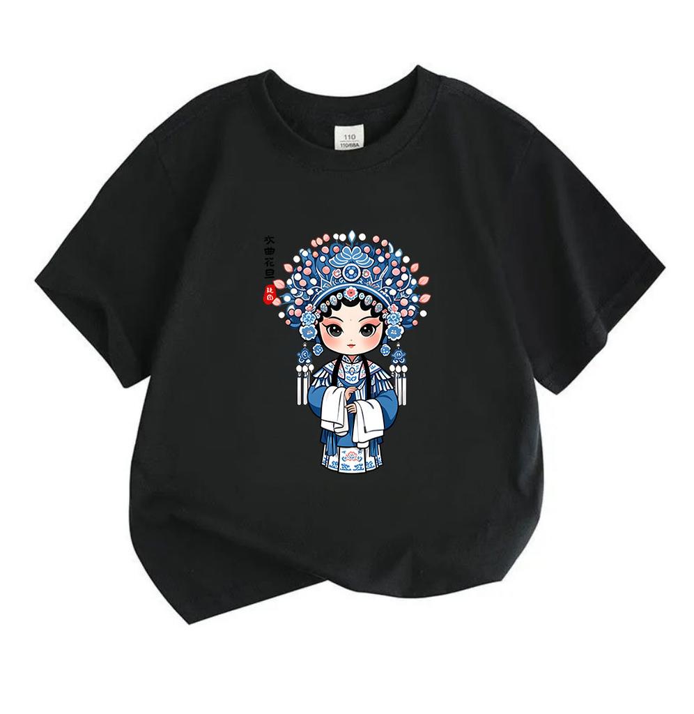 Kids Boys Girls 100% Cotton Crew Neck Short Sleeve T-Shirt, Cute Chinese Opera Hua Dan Q Version Cartoon Graphic Casual Soft Tee for Daily Wear