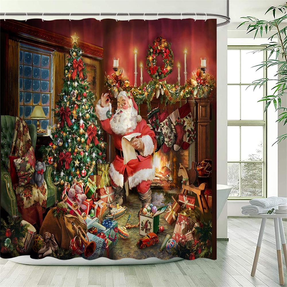 סט וילונות מקלחת חג המולד איש זנגביל גשם שלג ,כדורי חג המולד צבעוניים בד פוליאסטר וילון אמבטיה לעץ חג המולד חורפי דקור