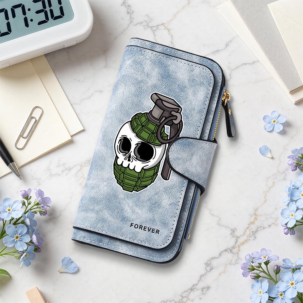 Gothic Skull Grenade Pattern Bifold Long Wallet Fashion Portable Multi Card Slot Purse for Daily Use