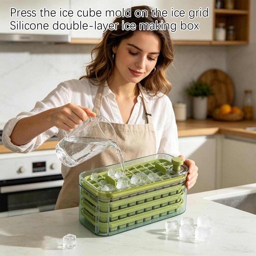 Silicone Ice Cube Tray with Press and Lid Double Layer Food Grade Ice Mold for Home Use Easy Release Storage Container