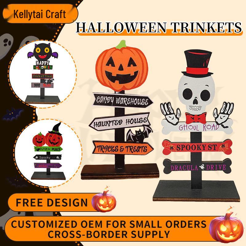 Creative Wooden Halloween Ghost and Pumpkin Ornament for Desktop Display