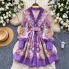 French spring dress women's new retro suit collar long sleeve waist single-breasted printed A-shaped skirt