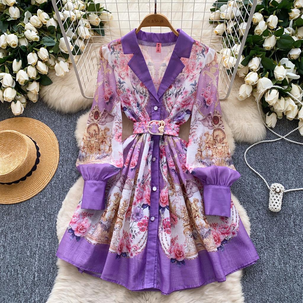 French spring dress women's new retro suit collar long sleeve waist single-breasted printed A-shaped skirt