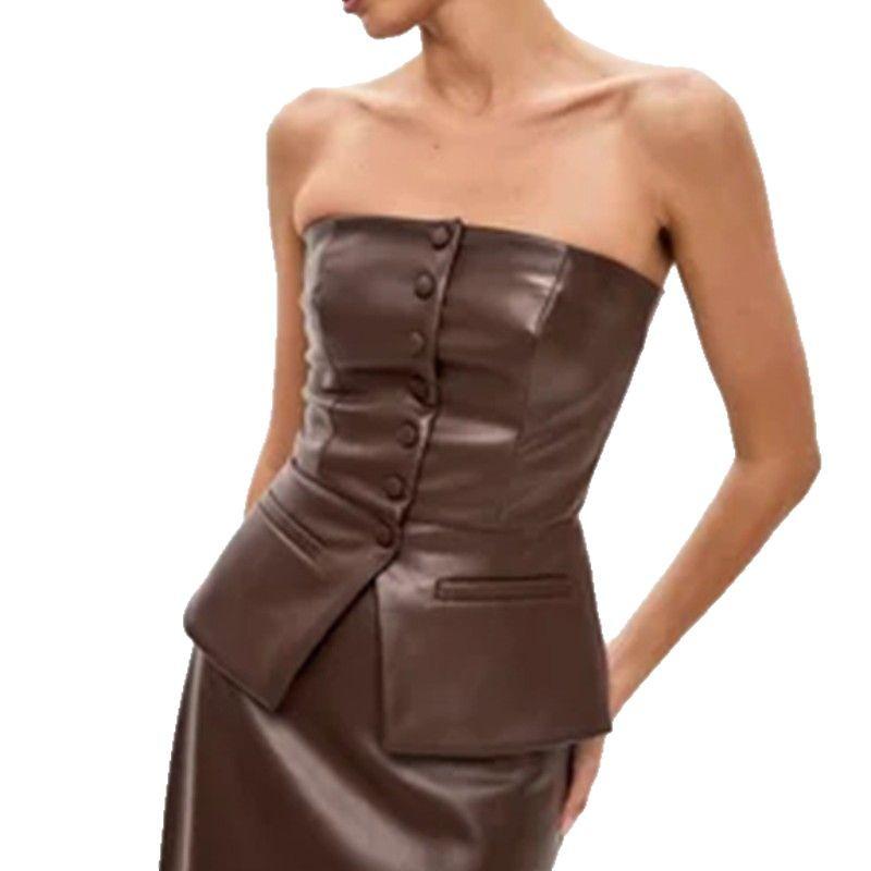 European and American French Design PU Leather Single-Breasted Bandeau Top for Women