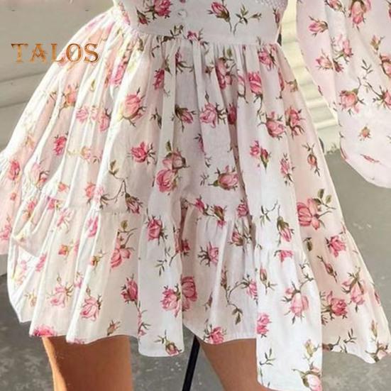 Frühling Sommer Damen Kleid A-Linie Spitze Big Swing Lange Laternenärmel Blumendruck Enganliegend Hohe Taille Tiefer V-Ausschnitt Plissee Patchwork Saum Urlaub Party
