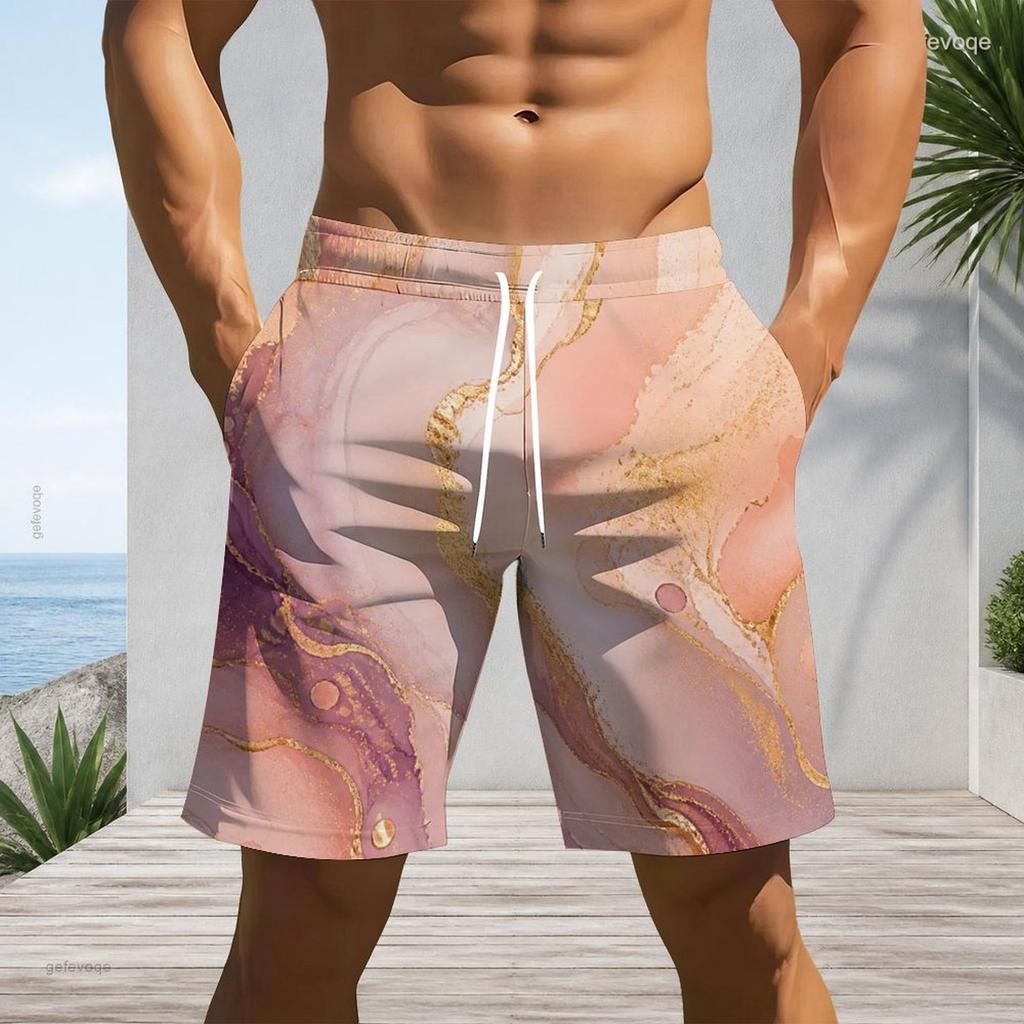 Men Plus Size Printed Beach Shorts Drawstring Waist Side Pockets Straight Leg