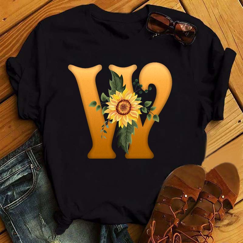 Maycaur Women's T Shirt Custom Name Letter Combination Print Tshirt Sunflower Letter Font A B C D E F G Short Sleeve Ladies Tops