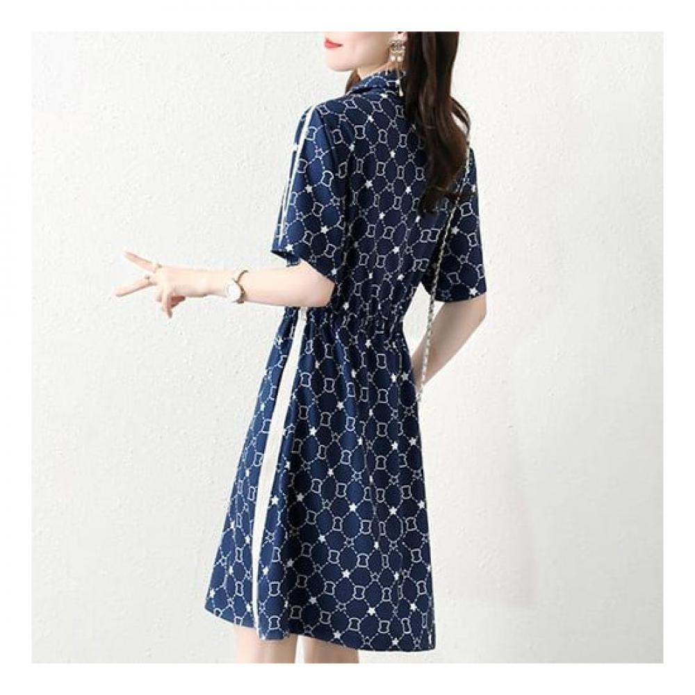 Navava No800 Waist String Zip Collar Short Sleeve Dress