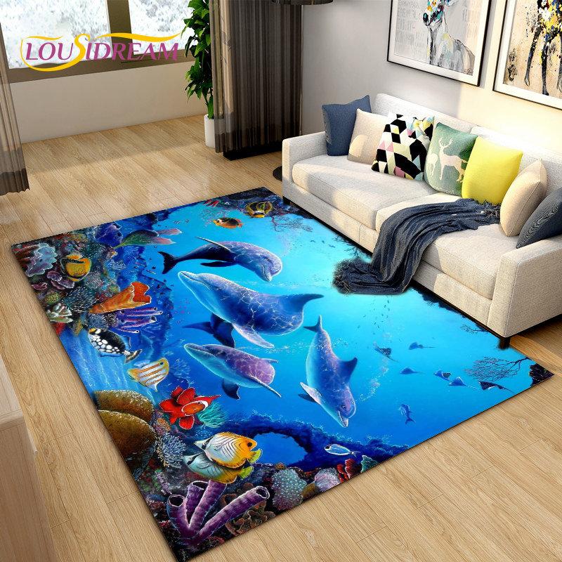 3D Seabed Illusion Underwater World Dolphin Shark Area Rug,Carpet Rug for Living Room Bedroom Sofa Doormat,Non-slip Floor Mat